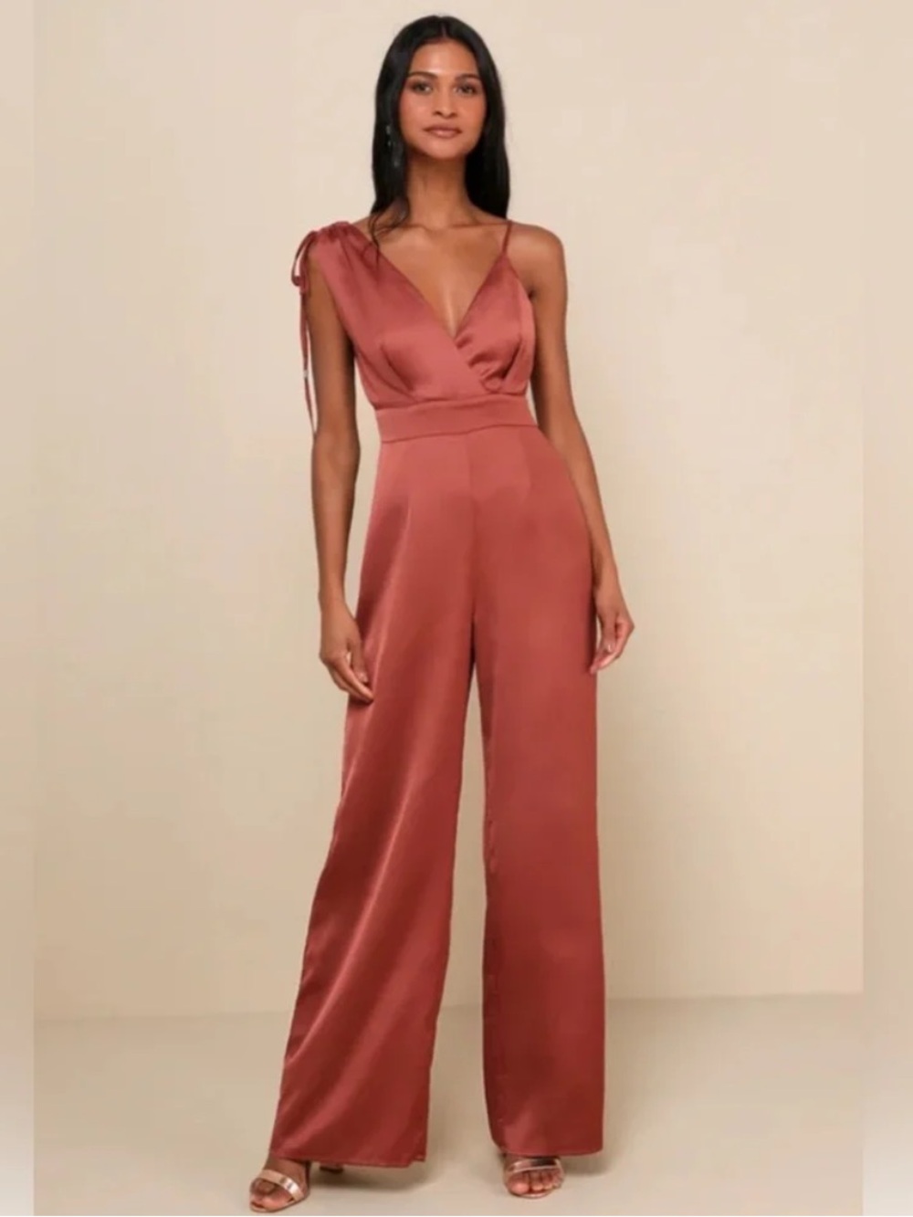 Lulu's Satin V-Neck Wide-Leg Jumpsuit in Dusty Mauve